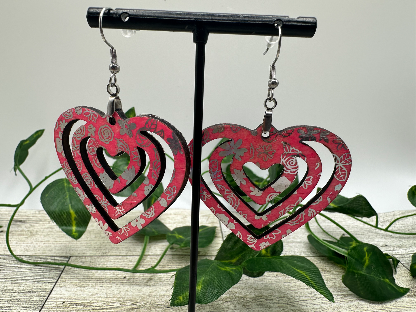 Pink Heart Wood Hook Earrings with Silver Flower Foil Design - LasedPres