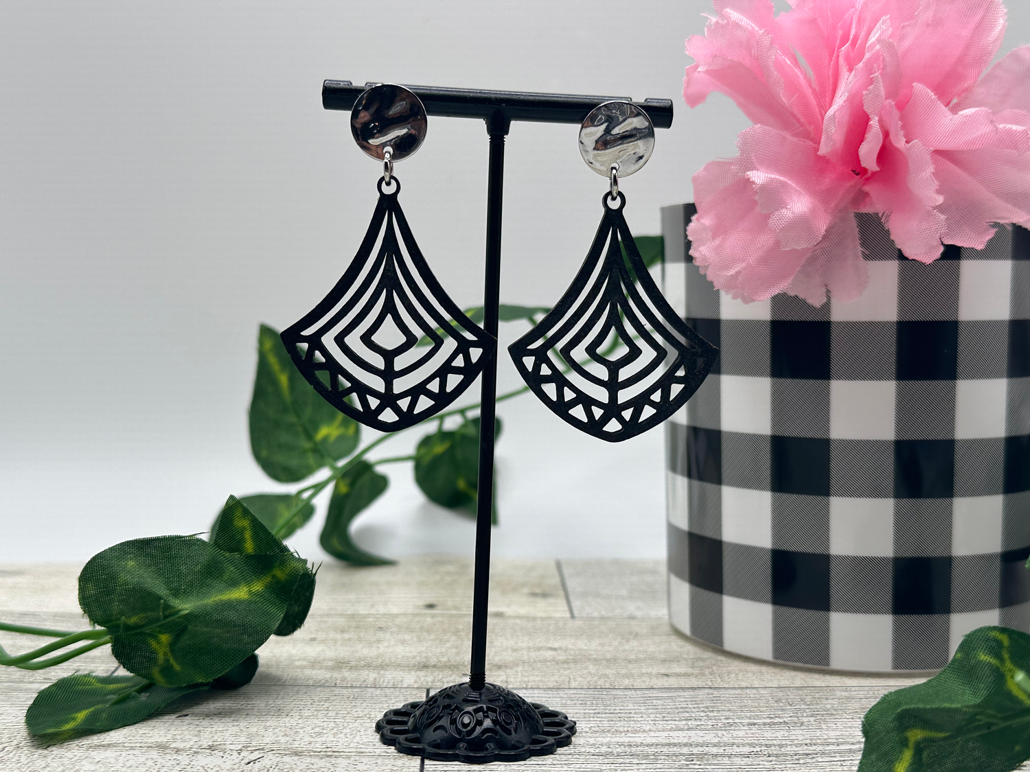 Black Wood Chandelier Shape with Stainless Steel Studs Earrings - LasedPres