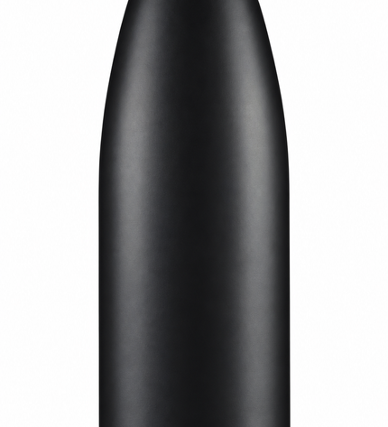 A matte black insulated water bottle with a silver metal screw cap and a matching silver base, shown against a plain white background.