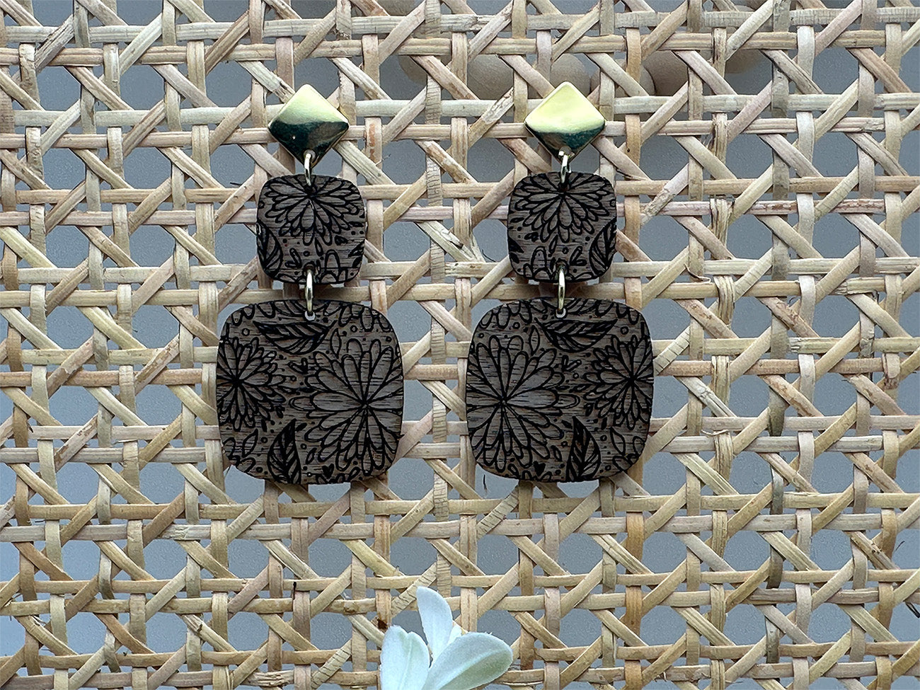 Wood Flower Engraved Earrings with Diamond Shape Gold Studs - LasedPres