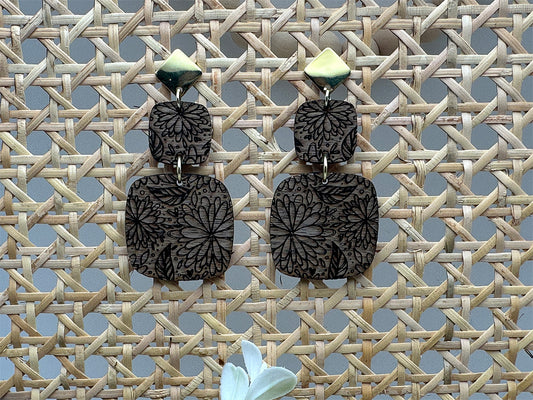 Wood Flower Engraved Earrings with Diamond Shape Gold Studs - LasedPres