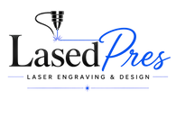 A digital logo for 'Lased Pres' featuring a black laser engraver icon with a blue starburst effect, set against a plain white background.
