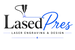 A digital logo for 'Lased Pres' featuring a black laser engraver icon with a blue starburst effect, set against a plain white background.