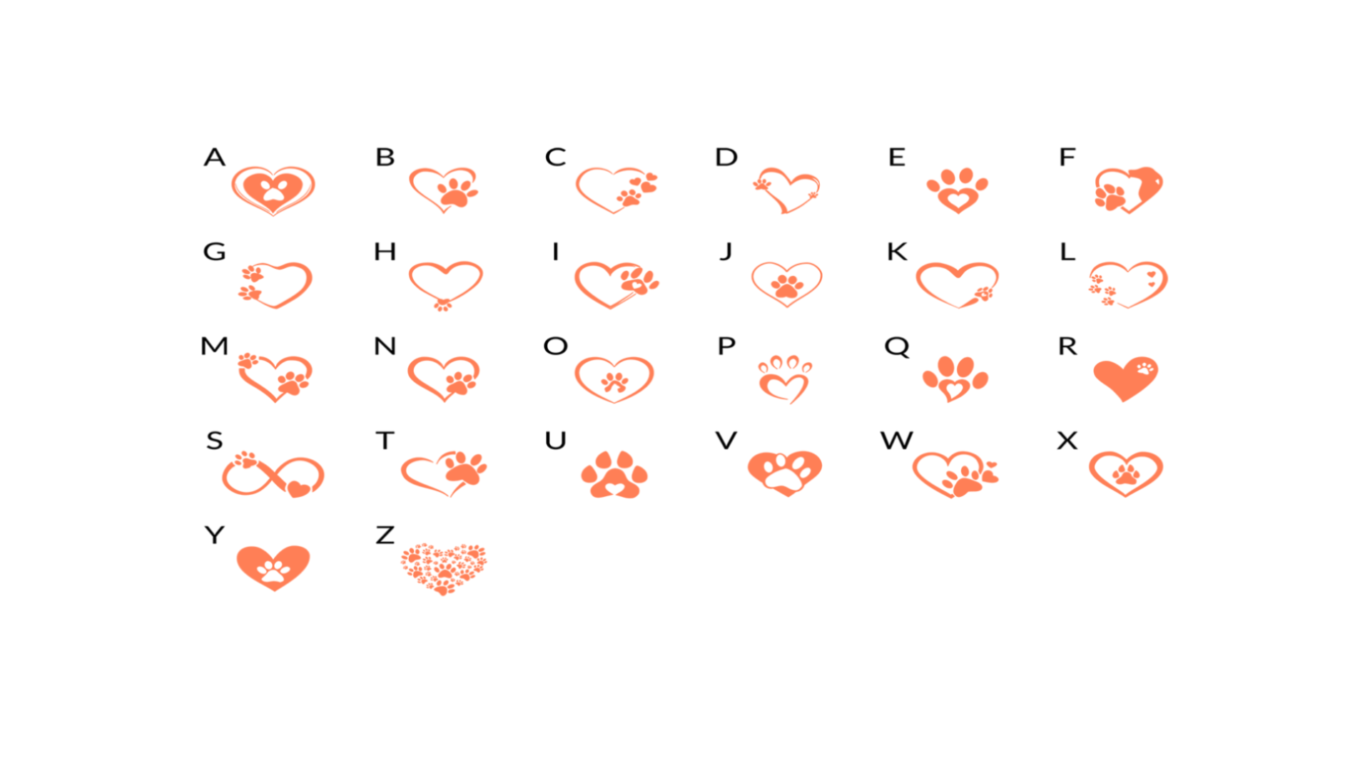 Alphabetical design with heart and paw prints on a white background