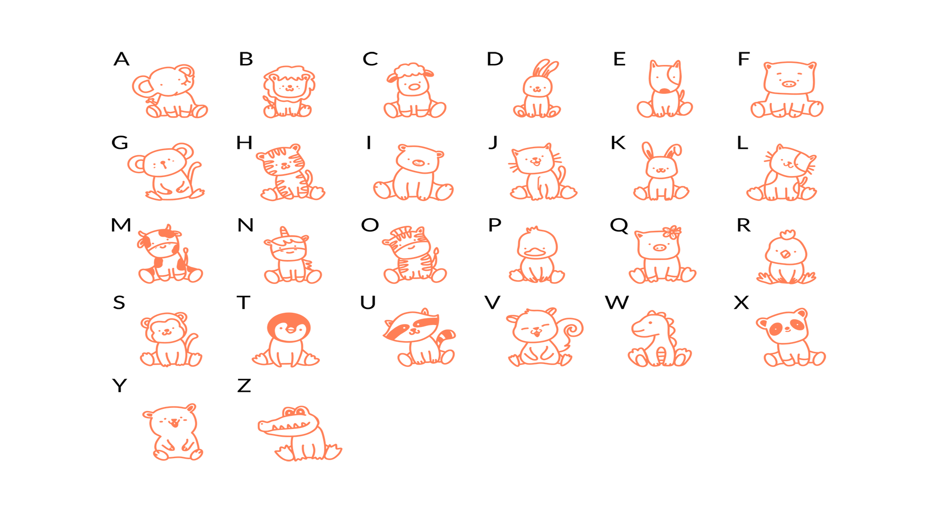 Alphabetical animal illustrations from A to Z on a white background