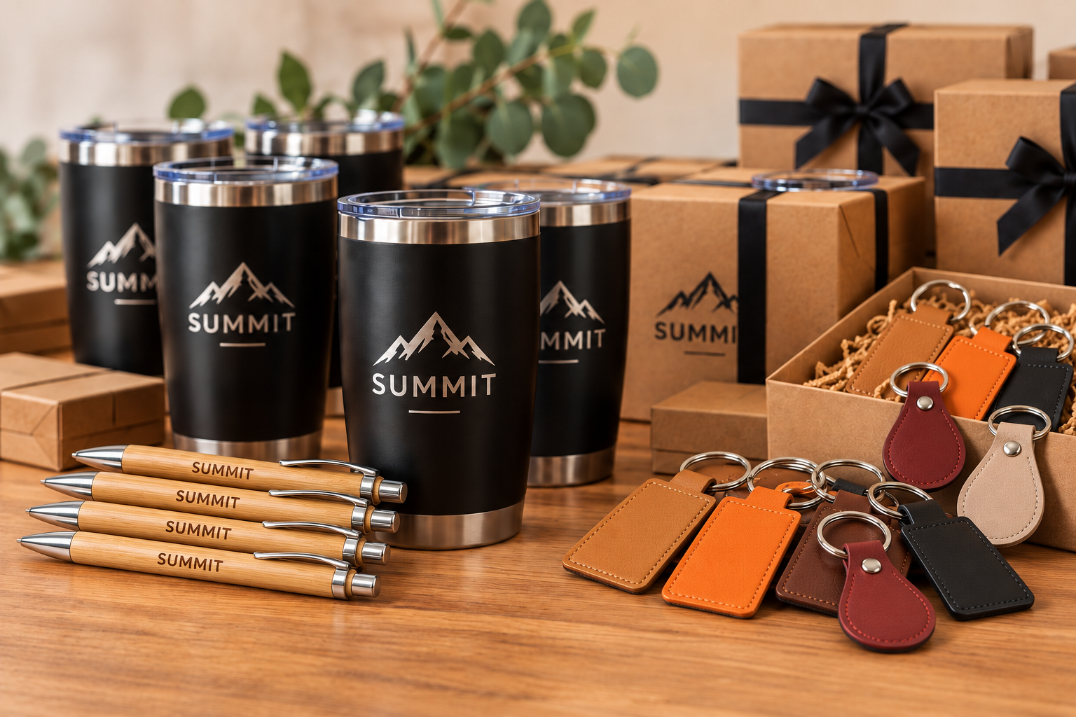 Personalized black tumblers, bamboo pens, and leather keychains arranged with gift boxes for bulk gifting